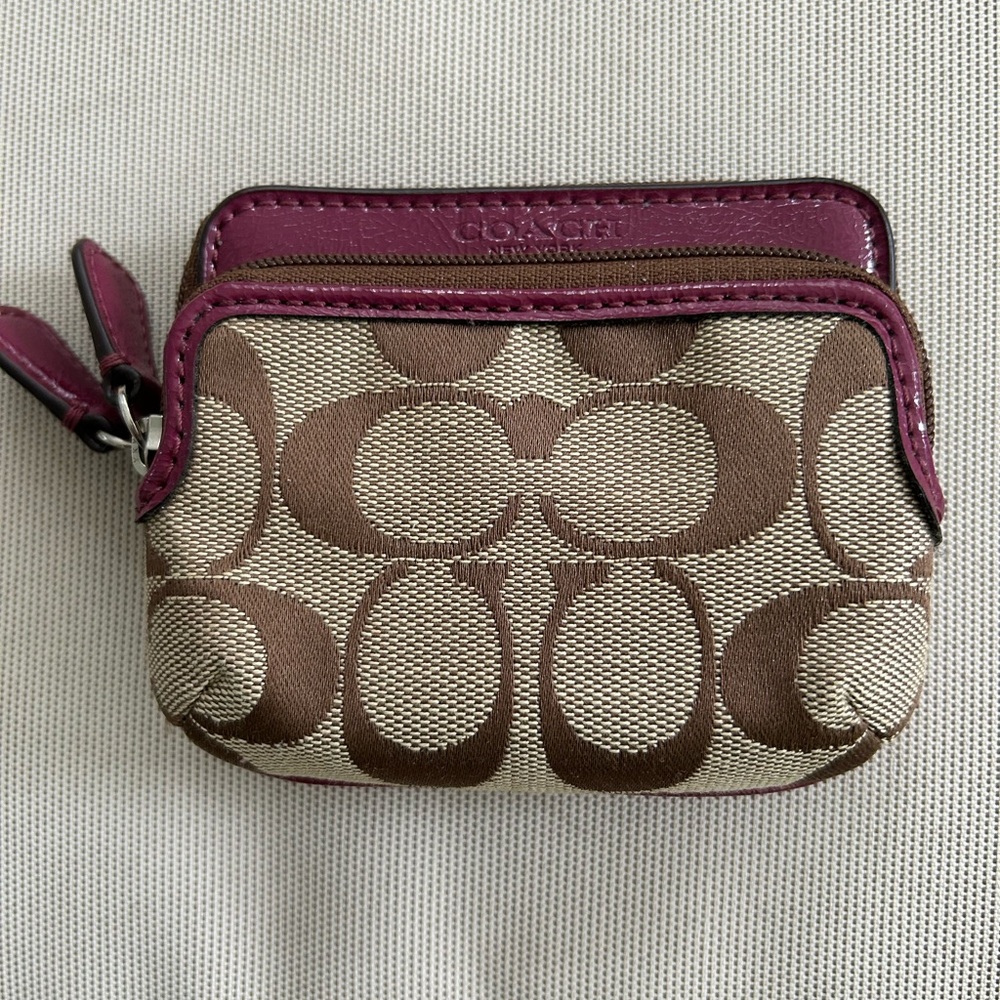 Coach Brown and Purple Clutch Wristlet with Signature Design